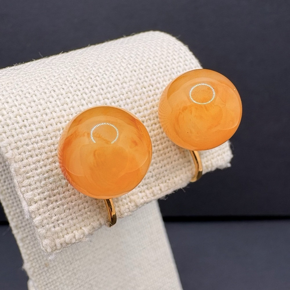 Vintage Joan Rivers Orange Lucite Swirl Round Clip On Stud Earrings Autumn Fall
